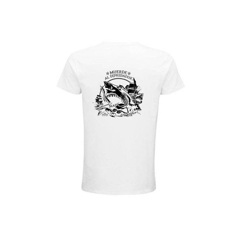 Camiseta blanca "Muerde al depredador" de algodón orgánico chico TRASERA