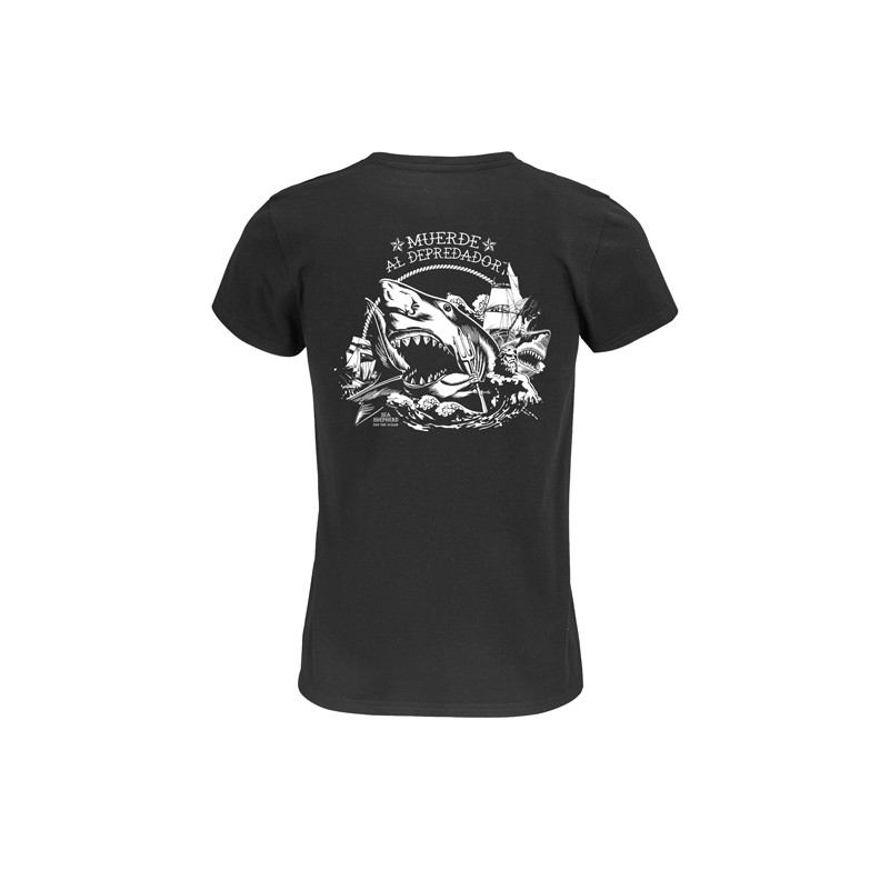 Camiseta negra "Muerde al depredador" de algodón orgánico chica TRASERA